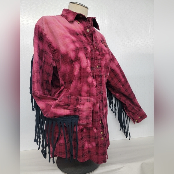 Iron Wheels Moto Flannel Shirt Shacket Harley Davidson Patch & Fringe Upcycled - Picture 11 of 13